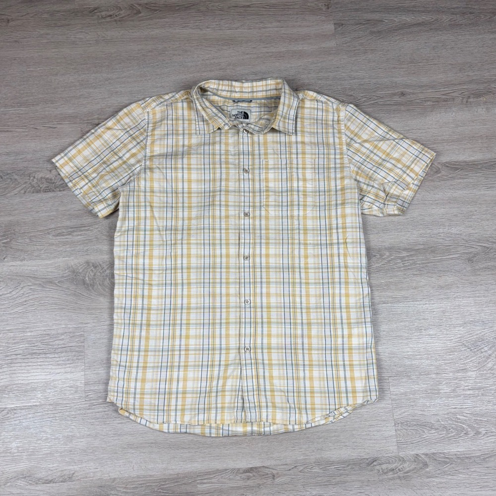 The North Face Button Down Shirt Mens Large Yellow Plaid Short Sleeve Outdoor
